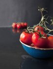 Свежевымытые томаты из виноградной лозы в чаше из голубой эмали — стоковое фото