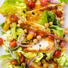 Pan fried Halloumi cheese with cherry tomatoes, chickpea and lettuce — Stock Photo