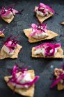 Tortilla-Chips mit Makrelencreme, Rotweinzwiebeln und roten Amaranth-Sprossen — Stockfoto