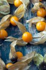 Fresh Physalis berries with dry leaves on wooden surface — Stock Photo