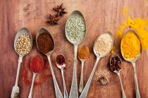 Assorted spices on vintage spoons — Stock Photo