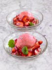 Strawberry ice cream with strawberry and rhubarb compote and ground ivy — Stock Photo