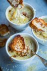 Французский луковый суп с сырными гренками — стоковое фото