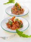 Löwenzahn-Risotto mit Karotten, Tomaten und Kohlrabi — Stockfoto