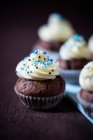 Mini chocolate vegan cupcakes with cream and sugar sprinkles — Stock Photo