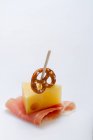 A Bavarian party skewer with ham, cheese and a pretzel — Stock Photo