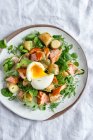 Картофельный и травяной салат с медом жареный лосось и мягкое вареное яйцо — стоковое фото