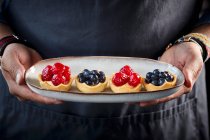 Various berry tarts on an oval dish — Stock Photo