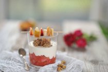 Compota de ciruela y pera en un vaso con yogur de coco, granola y un pincho de fruta (vegetariano) - foto de stock