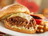 Close-up shot of delicious Pulled pork burgers with cheese — Stock Photo