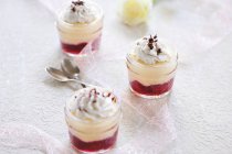 Creme de iogurte de sêmola em jarros com cerejas e creme de coco (vegan) — Fotografia de Stock