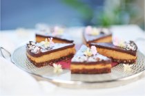 Шматки шоколадного торта з кокосовими датами, крем з насіння соняшника і шоколадного глазурі (веган.) — стокове фото