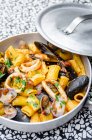 Mezze maniche rigatoni pasta with seafood — стоковое фото