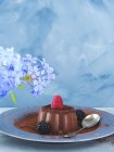 Dessert de panna cotta au chocolat garni de baies sur fond bleu gris — Photo de stock