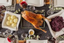 Roast goose with red cabbage and potato dumplings for Christmas dinner — Stock Photo