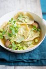 Dumplings in broth with edamame, mushrooms and watercress — Stock Photo