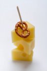 A Bavarian party skewer with emmental and a pretzel — Stock Photo