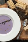 Purple cauliflower soup served with rusks — Stock Photo
