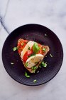 Eine Scheibe Brot mit Tomaten, Mozzarella und Basilikum (von oben gesehen)) — Stockfoto