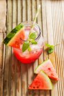 Wassermelonensaft in einem Glas mit Eiswürfeln, Minze und einer Scheibe frischer Wassermelone — Stockfoto