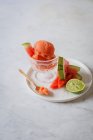 Wassermelonen-Sorbet mit frischen Wassermelonenscheiben und Limette — Stockfoto