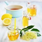 Homemade elderberry syrup in glass with straw and fresh elderberry blossoms — Stock Photo