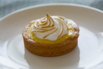 Um pequeno indivíduo que serve torta de limão e crosta de amêndoa com cobertura de merengue em um prato branco — Fotografia de Stock