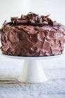 A three-layer chocolate cream cake on a cake stand — Stock Photo