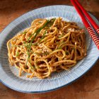 Sesame Peanut noodles with chive garnish — Stock Photo