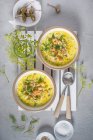 Creamy seafood chowder with smoked haddock, praws, mussels, squid and dill — Stock Photo