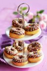Mini rosquillas con glaseado y hebras de azúcar en un soporte para pasteles - foto de stock