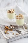 Pistachio panna cotta topped with oatmeal crumble — Stock Photo