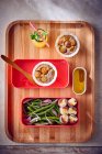 Spring rolls with green beans and mirabelle plum clafoutis — Stock Photo
