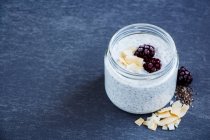 Tasty coconut chia seed pudding with blackberries in mason jar on grey stone background — Stock Photo