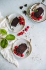 Шоколадный торт со свежей смородиной и малиной — стоковое фото
