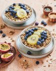 Granola y tazón de desayuno de frutas - foto de stock