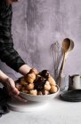 Greek donuts with chocolate sauce — Stock Photo