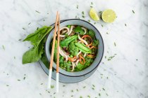Ciotola di tagliatelle di Udon con pesto all'aglio selvatico, spinaci e piselli — Foto stock