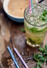 Mojito with fresh mint and straws in glass — Stock Photo