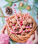 Candycanes e grinalda de Natal com nozes — Fotografia de Stock