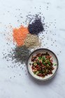 Салат из чечевицы с копченым тофу и семечками граната — стоковое фото