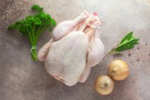Ingrédients pour bouillon de poulet : poulet cru entier, herbes et oignons — Photo de stock