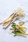 Asparagi bianchi e verdi con salsa alle erbe — Foto stock