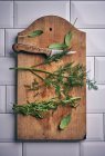Salvia, eneldo, estragón y tomillo en una tabla de madera - foto de stock