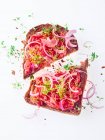 Slice of bread with pork and red onions — Stock Photo