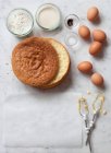 Bolo de esponja e ingredientes — Fotografia de Stock