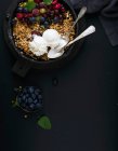 Здоровая овсяная мюсли крошится свежими ягодами, семенами, мороженым и листьями мяты — стоковое фото