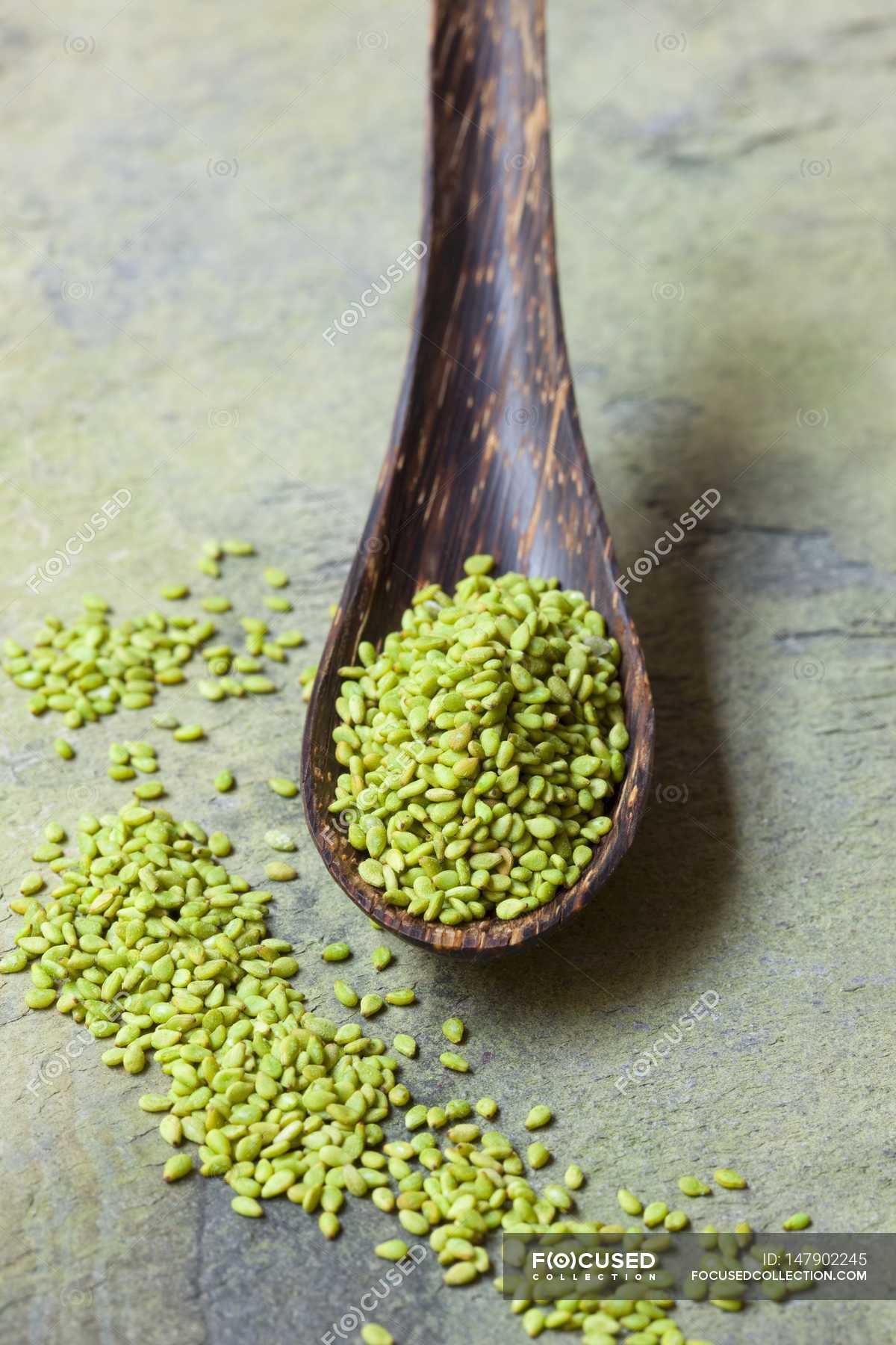 Wasabi sesame seeds — seasoning, wooden spoon - Stock Photo | #147902245