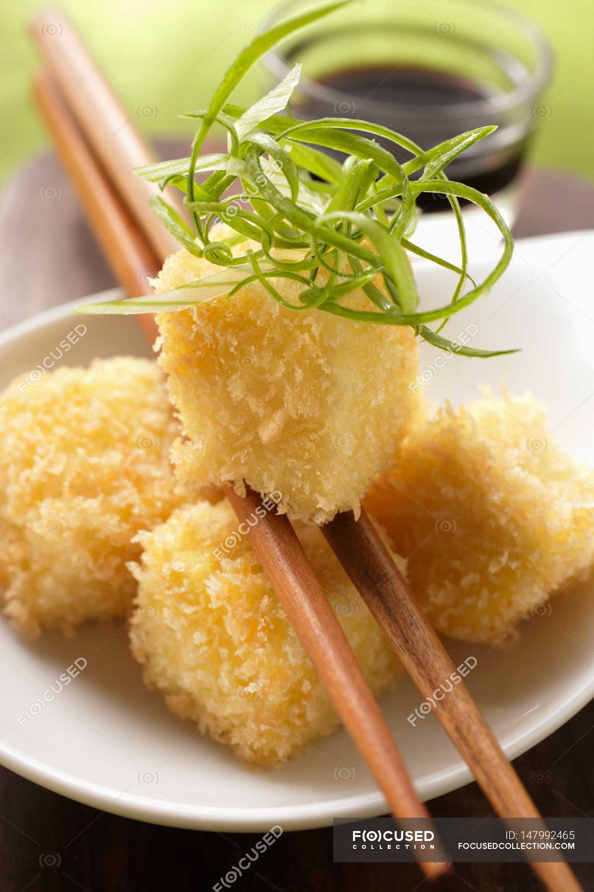 Breaded tofu with strips — Japanese cooking, nutrition Stock Photo