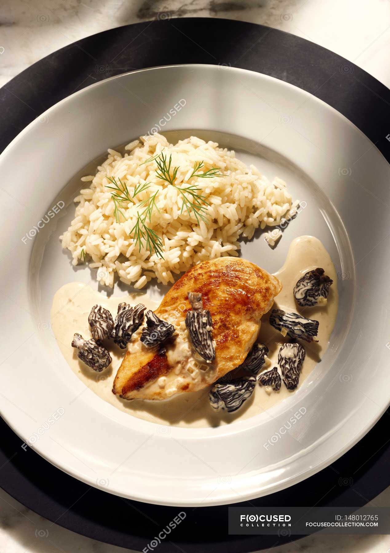 Chicken breast with morel cream on white plate — kitchen, backdrop